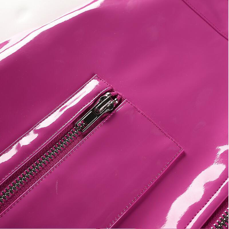 Glossy pink faux leather zipper pocket mini skirt