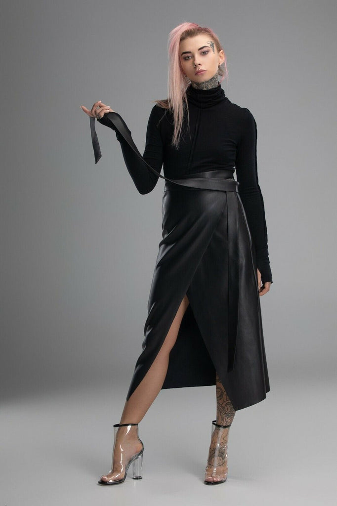 Real Leather Long Wrap Skirt