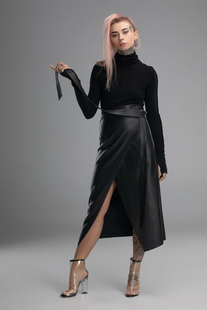 Real Leather Long Wrap Skirt