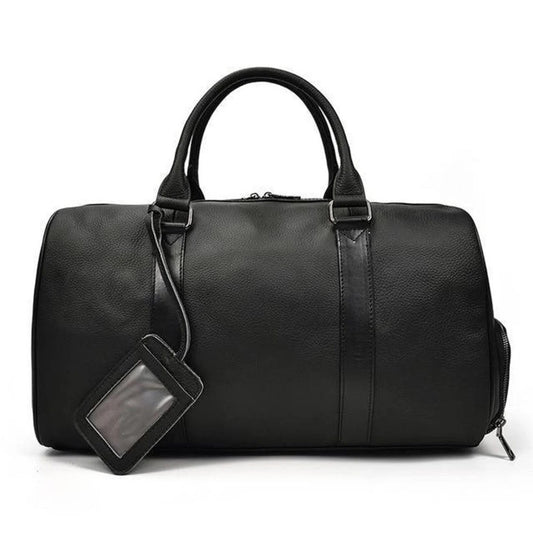 Black Leather Duffle Bag With Shoe Compartment