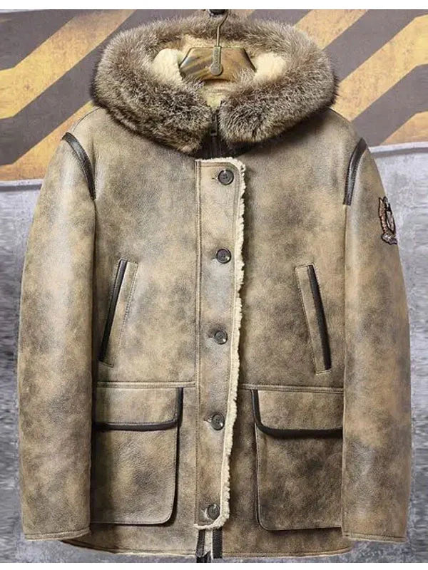 real shearling leather bomber hooded jacket