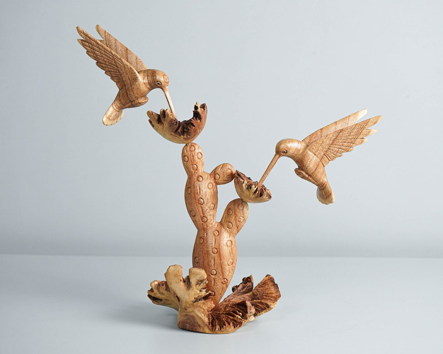 Wooden Sculpture Hummingbirds and Cactus Flower