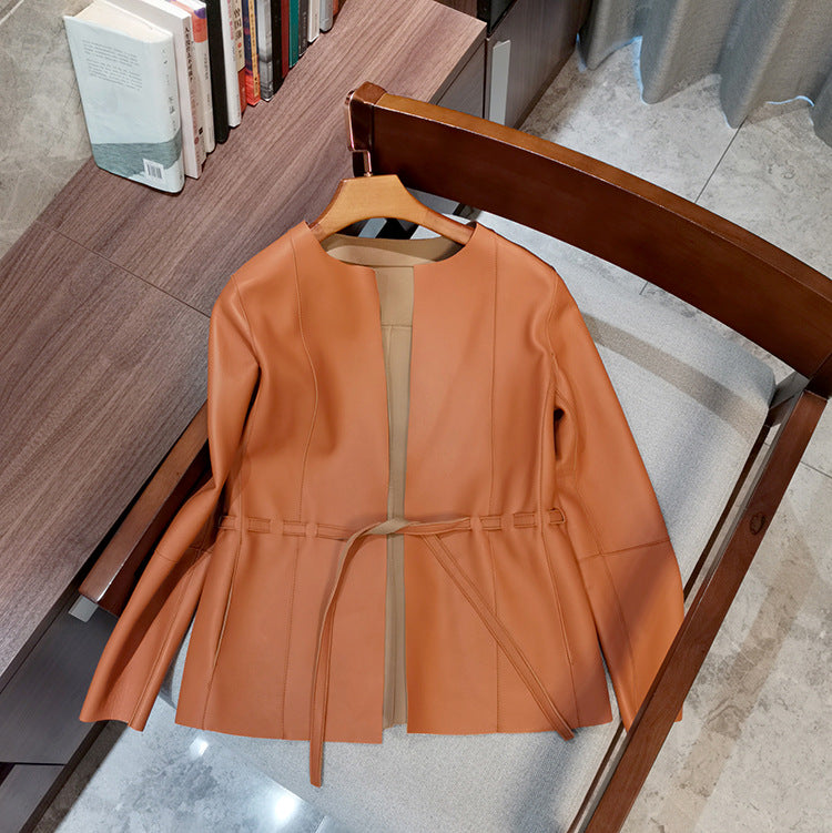 Women round neck sheepskin leather blazer jacket