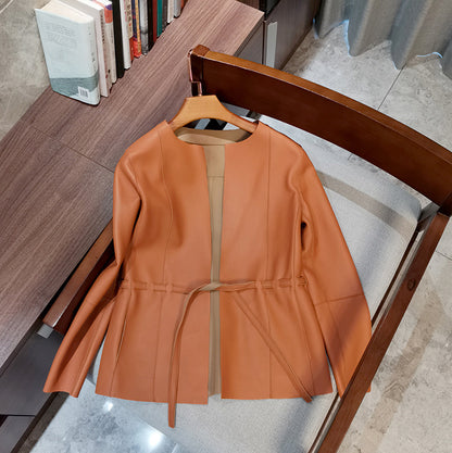 Women round neck sheepskin leather blazer jacket