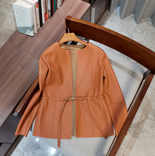 Women round neck sheepskin leather blazer jacket