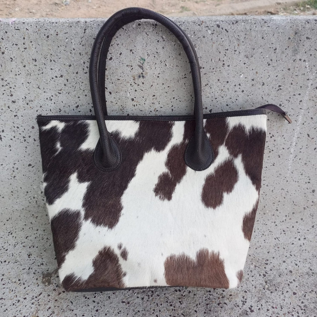 Cow Fur Tote Purse Black Brown White