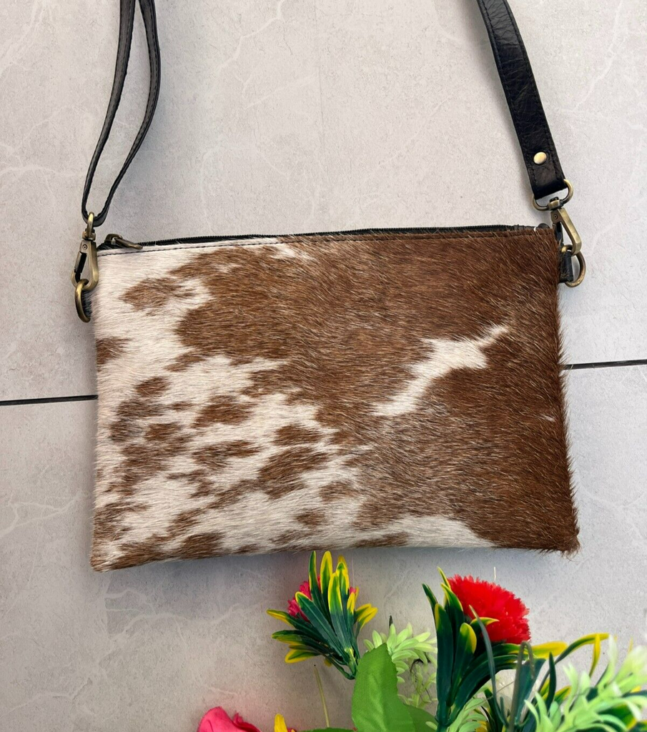 Cowhide Crossbody Bag Brown White