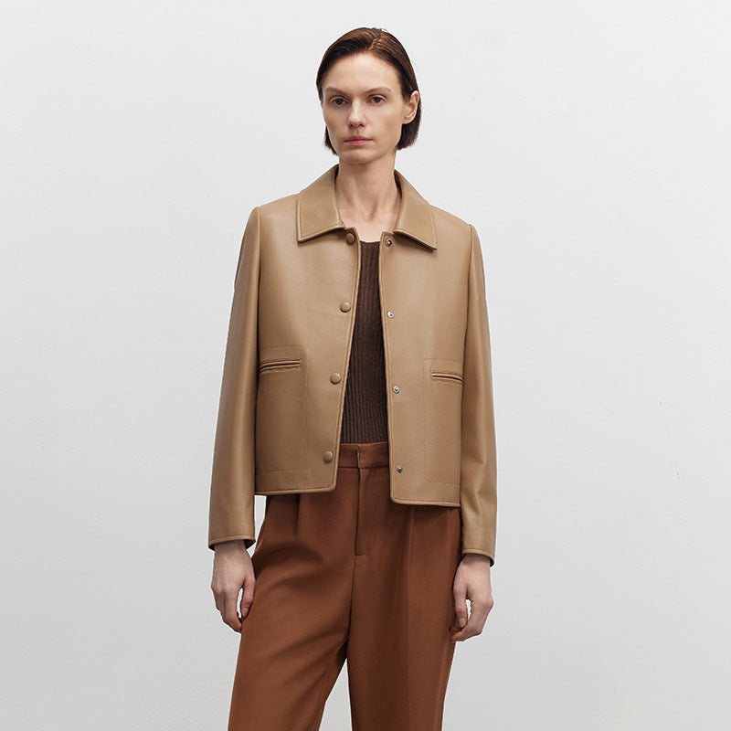 Womens beige brown slim fit cropped leather jacket