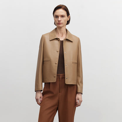 Womens beige brown slim fit cropped leather jacket