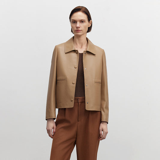 Womens beige brown slim fit cropped leather jacket