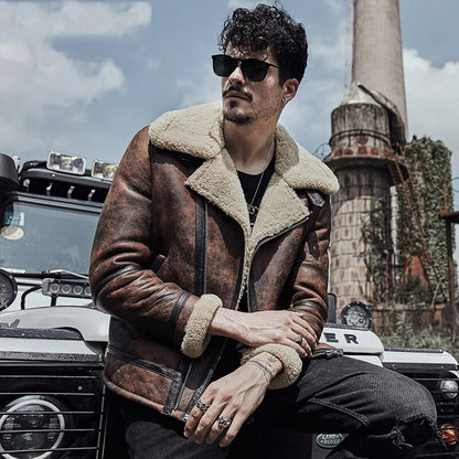 brown waxed leather aviator shearling jacket