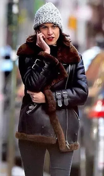 women black leather fur bomber jacket