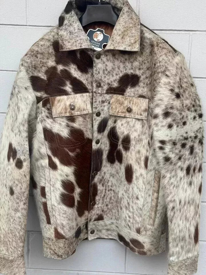 Men's Cowhide Fur Coat Brown White