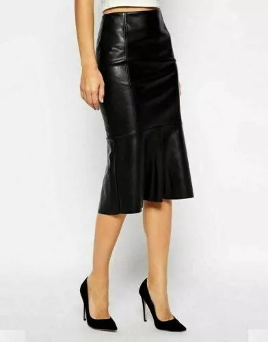 midi length black leather skirt