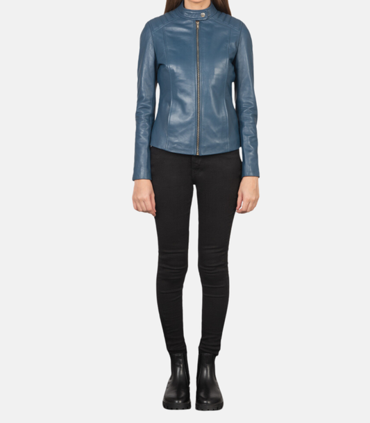 Women’s Blue Leather Biker Jacket