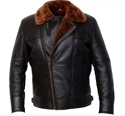 Black leather bomber jacket with fur