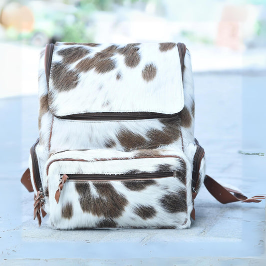 Brown White Genuine Cowhide Backpack