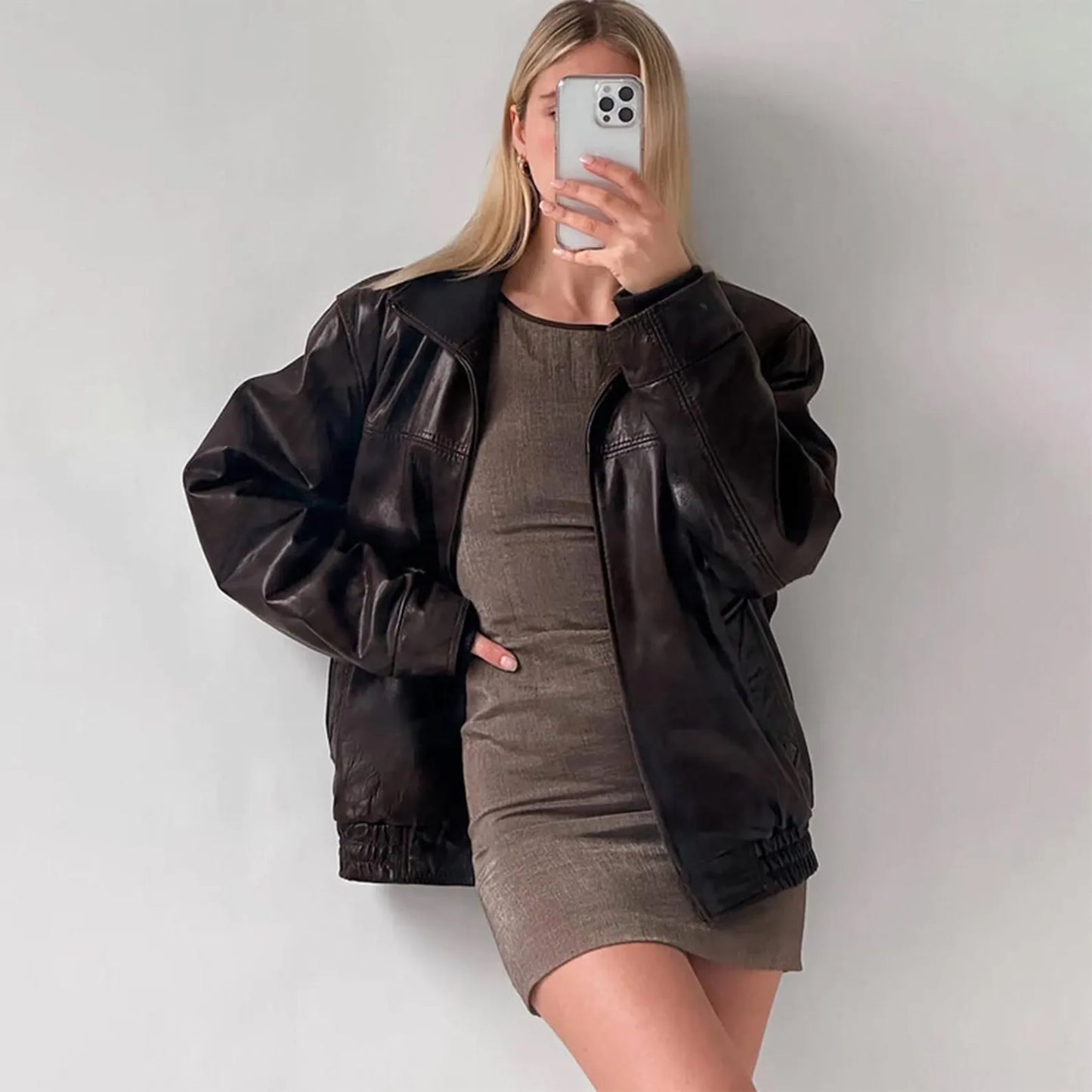 Dark Leather Women Oversized Jacket