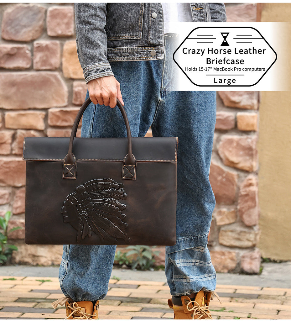 Retro crazy horse leather briefcase for work