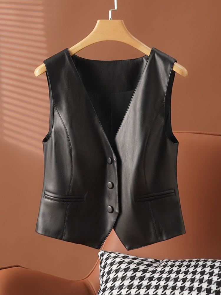 Women's short leather vest with v neck