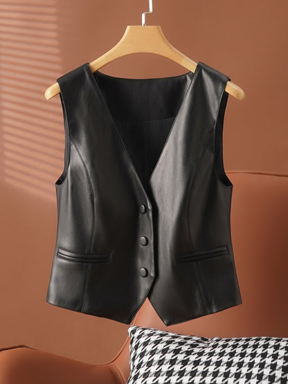Women's short leather vest with v neck