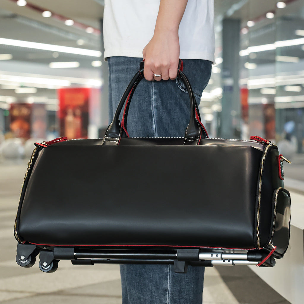 Leather trolley duffle bag for men travel