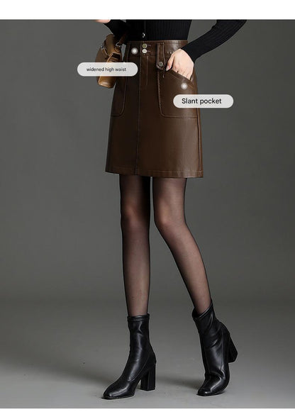 Women High Waist Faux Leather Mini Skirt With Pockets