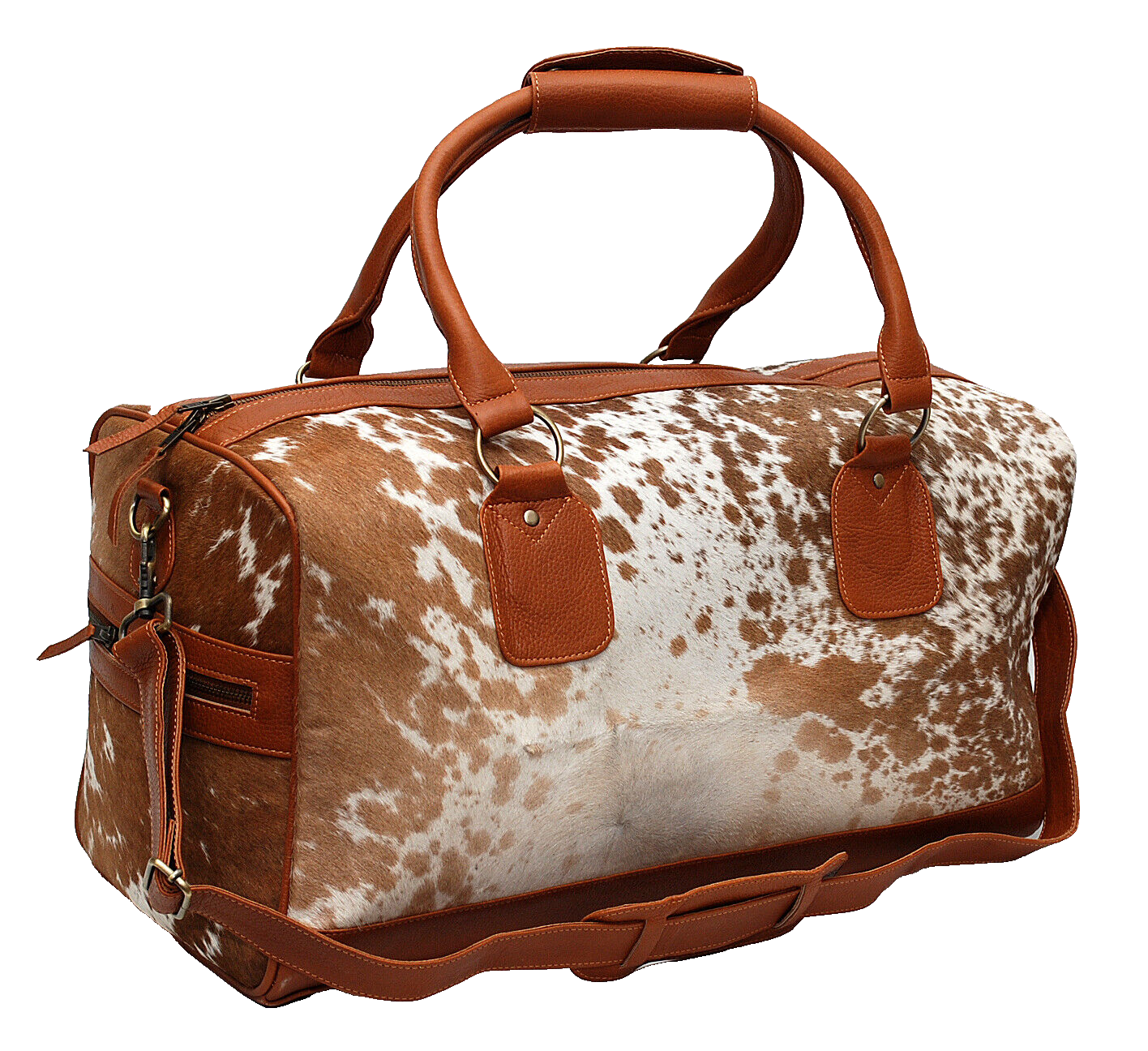 Cowhide Duffle Overnight Bag Brown White