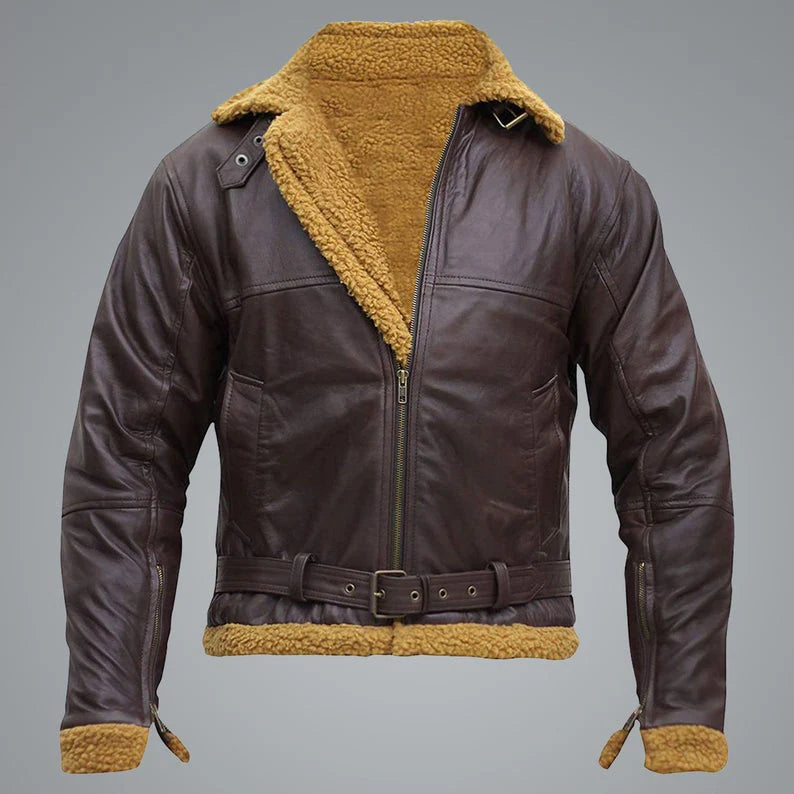 brown leather bomber shearling jacket