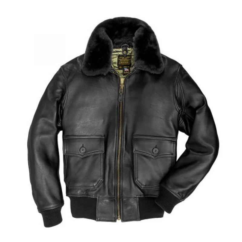 Black Leather Bomber Flight Shearling Jacket