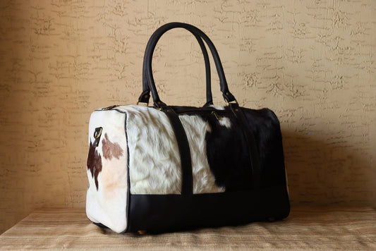 Black White Cowhide Travel Duffle Bag