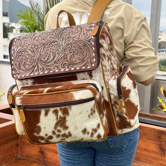 Cowhide Backpack With Tooled Leather