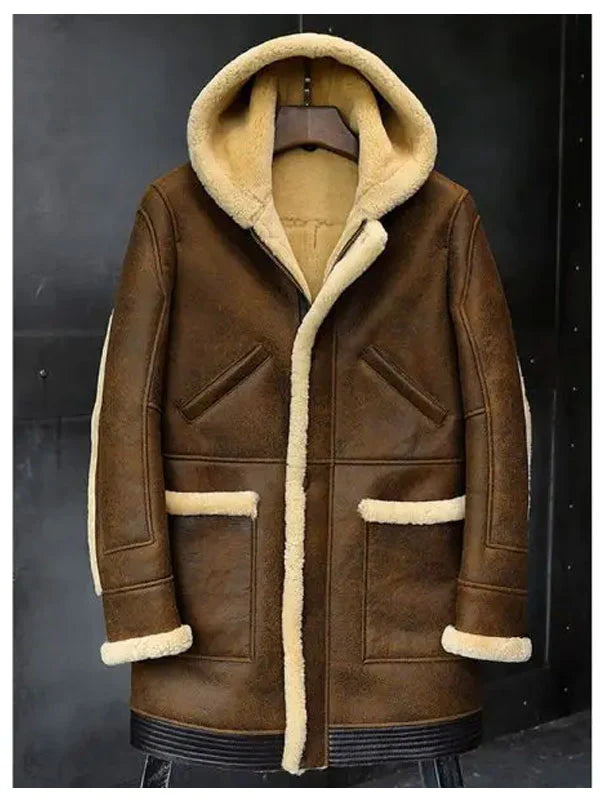 Mens Hooded Shearling Leather Jacket