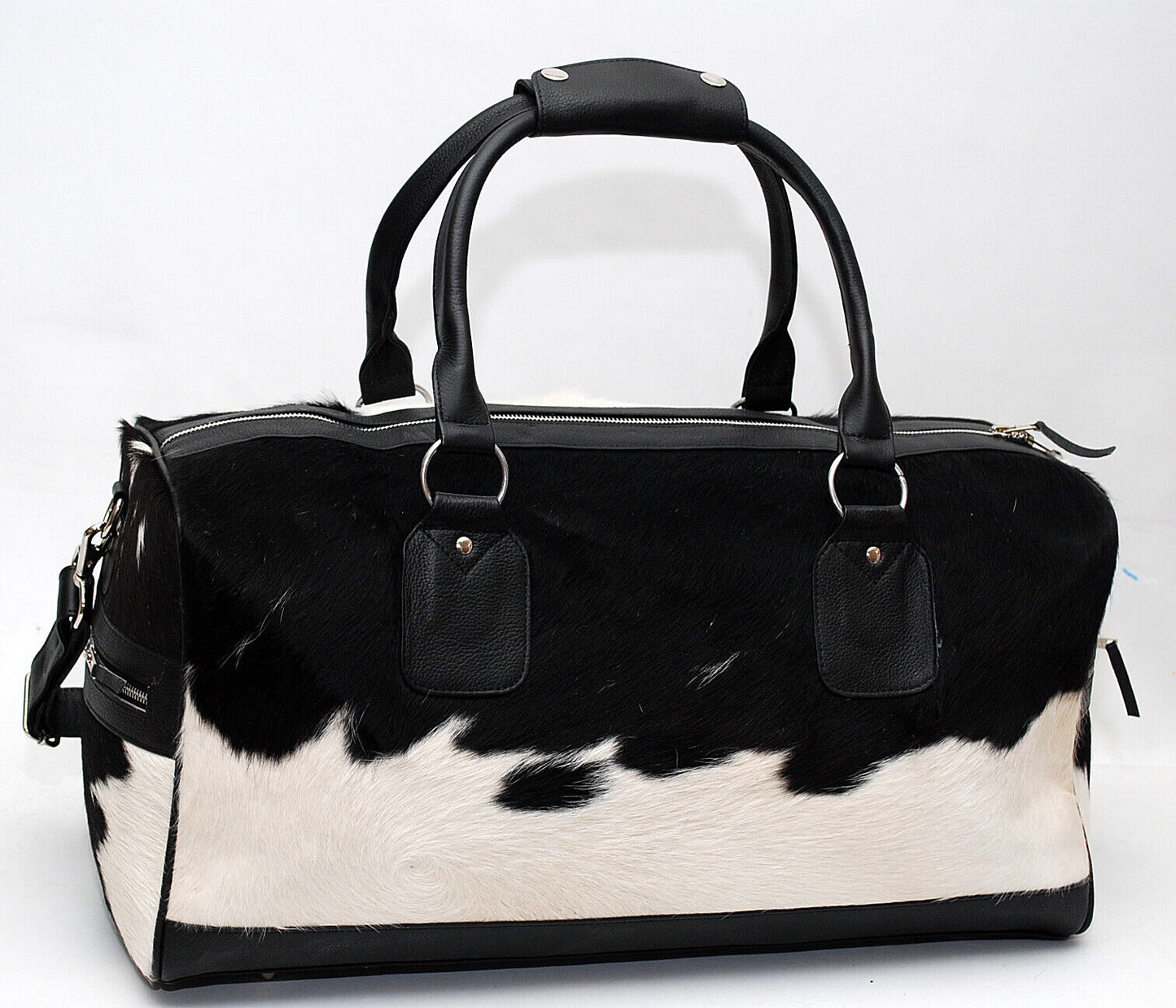 Black White Cowhide Travel Duffle Bag