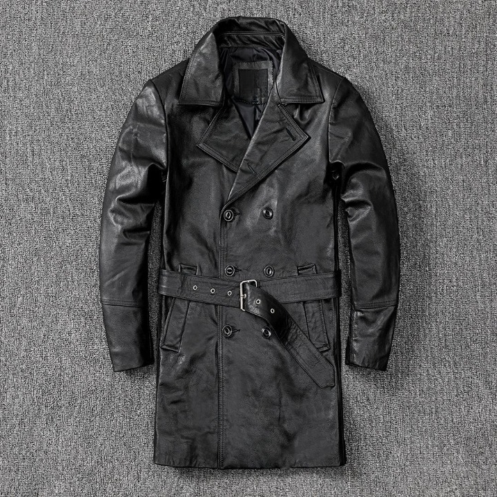 Men mid-length leather trench coat jacket