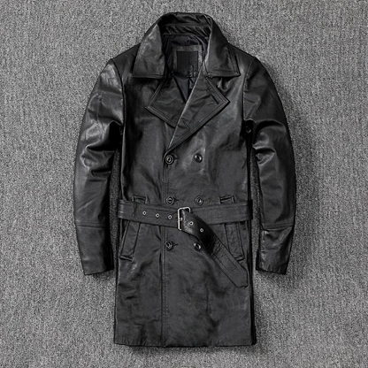 Men mid-length leather trench coat jacket