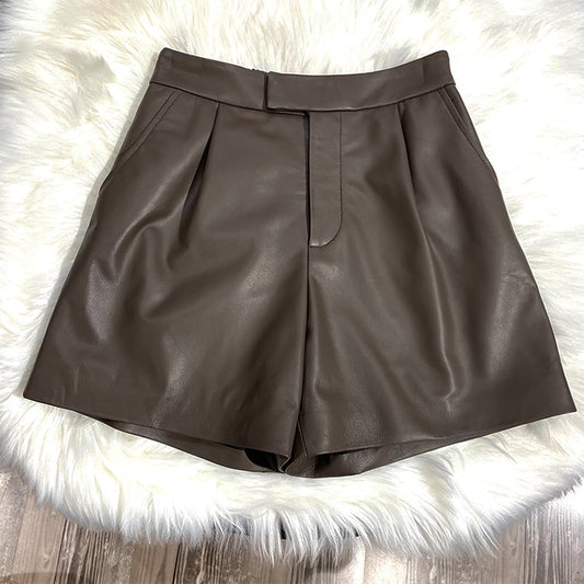 Beige genuine sheepskin leather wide leg women shorts