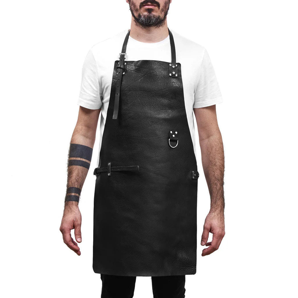 Black leather woodworking apron