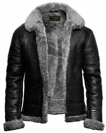 mens black leather shearling bomber jacket