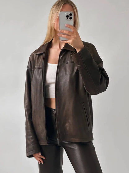 Oversized Brown Leather Bomber jacket Women