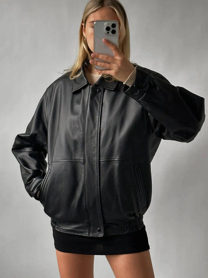 Black Leather Oversized Bomber Jacket