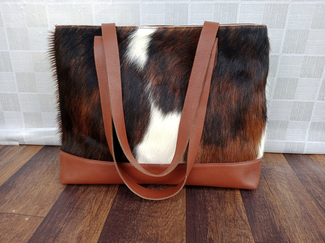 Dark Brown Tricolor Cowhide Tote Bag