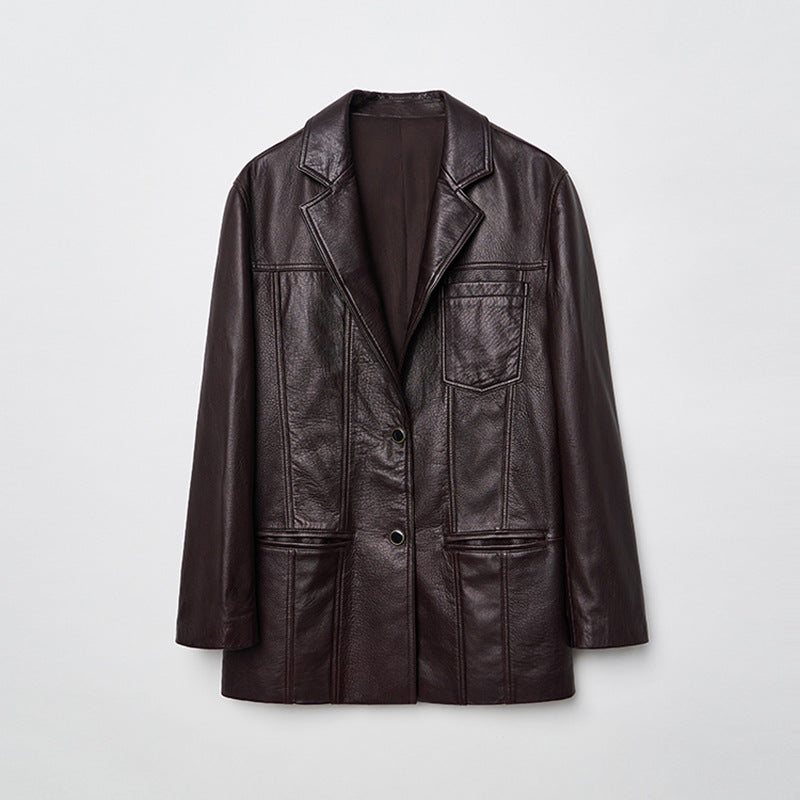 Brown sheepskin women leather blazer coat