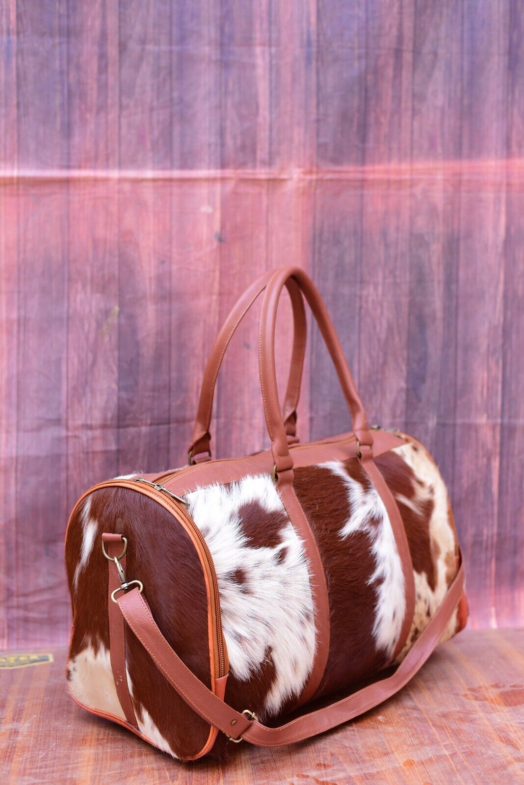 Brown White Cowhide Luggage Bag