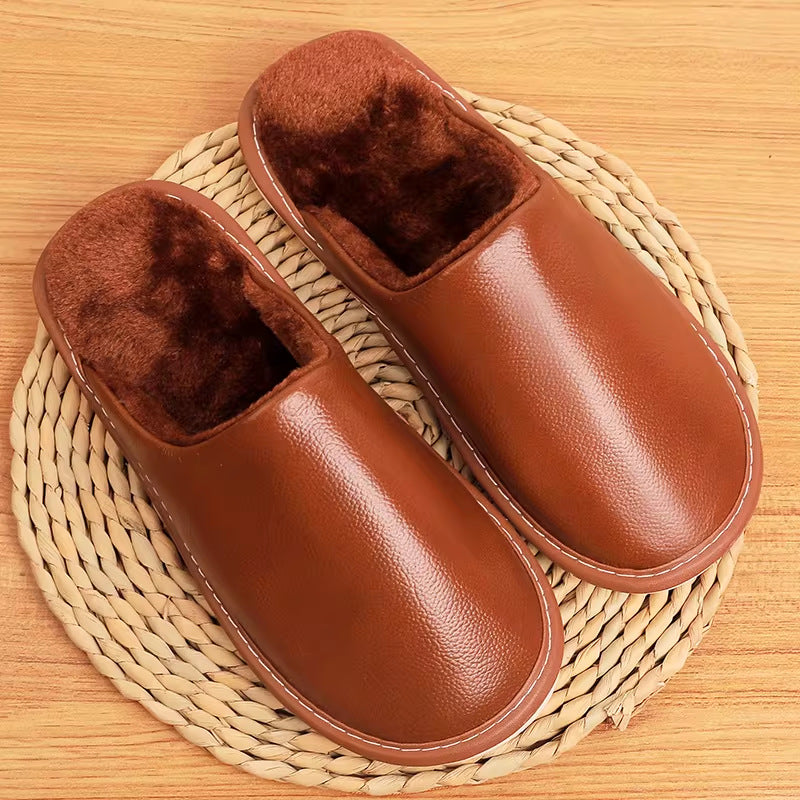 Winter Slippers for Women with Leather Upper and Plush Lining