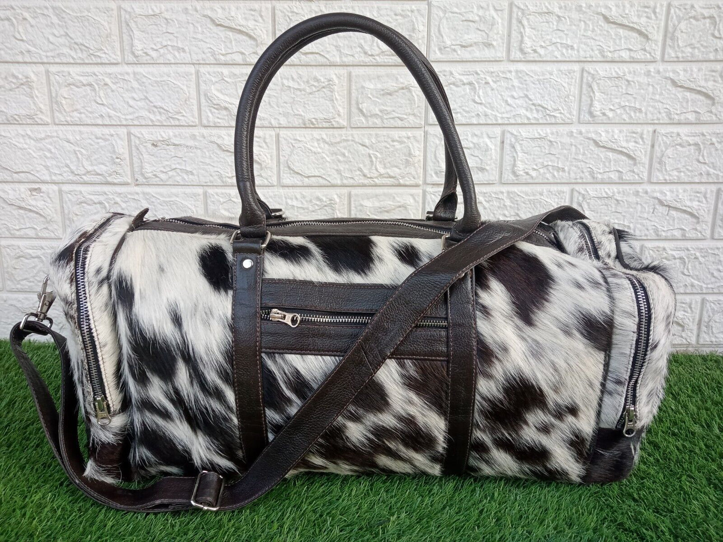 Black White Cowhide Weekender Holdall Bag