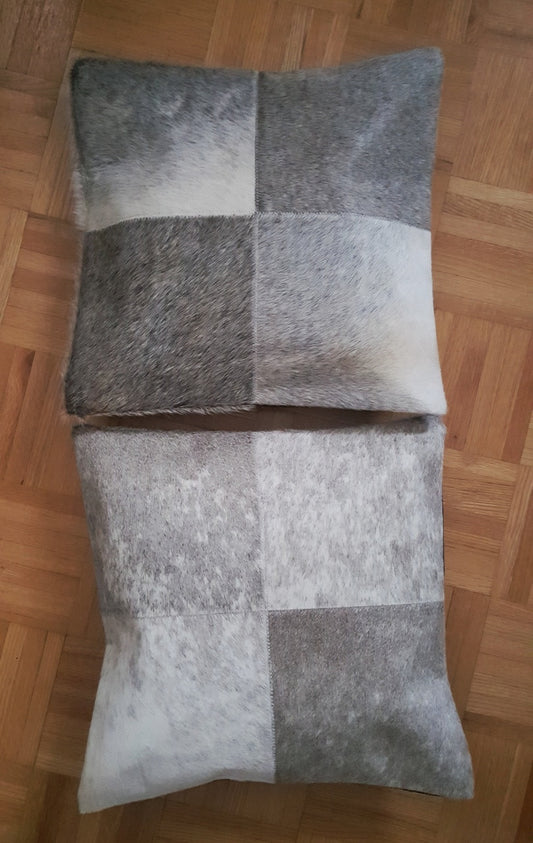 Cowhide Pillow Cover Grey White Cow Hide Patchwork Cushions 16 by 16 inches Two Covers