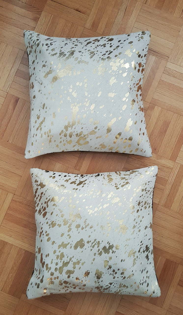 Beautiful pair of cowhide pillows in gold metallic for accent pillows on kitchen table or to add a touch of farmhouse to the modern living room. 