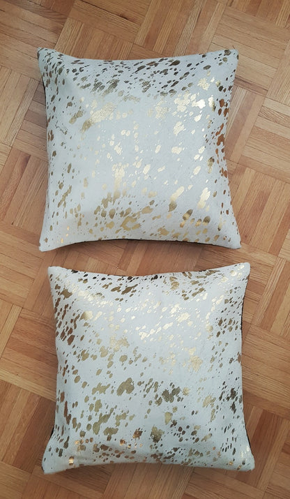 Beautiful pair of cowhide pillows in gold metallic for accent pillows on kitchen table or to add a touch of farmhouse to the modern living room. 