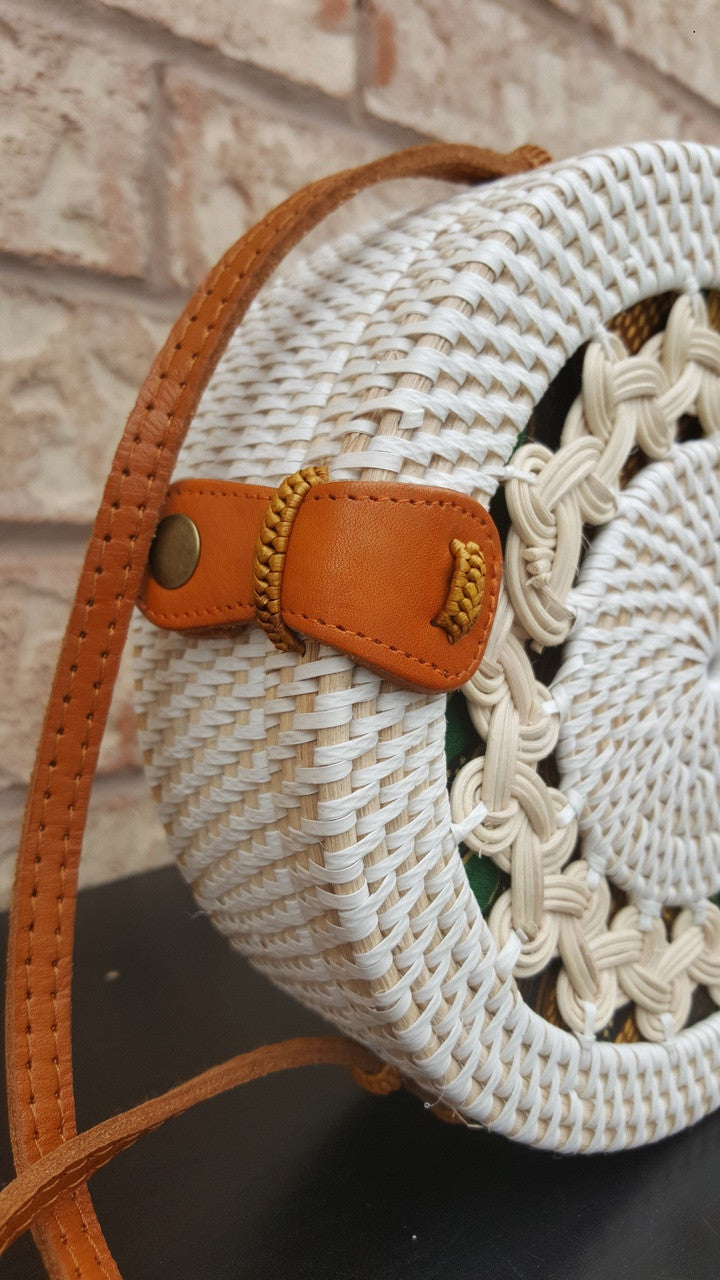 White Round Rattan Bag Made In Bali.